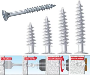 Dämmstoffdübel Thermo Wärmebrückenfreie Befestigung, Verarbeitung ohne Vorbohren oder Spezialwerkzeug möglich (25 Dämmstoffdübel + 25 Schrauben, 85 mm)