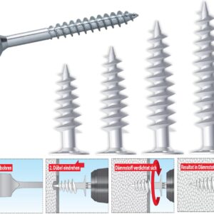 Dämmstoffdübel Thermo Wärmebrückenfreie Befestigung, Verarbeitung ohne Vorbohren oder Spezialwerkzeug möglich (25 Dämmstoffdübel + 25 Schrauben, 85 mm)