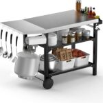 onlyfire Grillwagen 120cm mit Edelstahl Arbeitsplatte, Outdoor Grilltisch 3-Etagen für Pizzaofen und Gasgrill, Rollen und Servierwagen mit Gewürzbox, BBQ-Tisch, Outdoor Grill Trolley