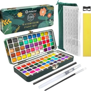 Artecho Aquarellfarben Set 100 Farben in Tragbarer Box, Mit Pinsel und Aquarellpapier, Aquarell für Reisen, Wasserfarben für Künstler und Hobbymaler