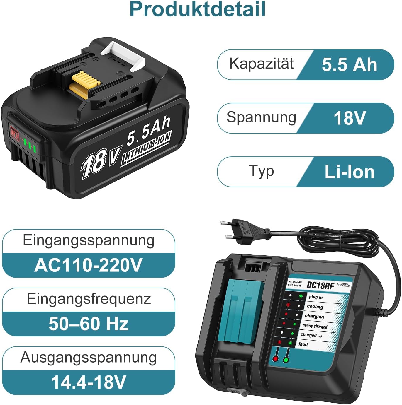 DC18RC 18V Ladegerät + 2 Stück 5,5Ah Ersatzakku Kompatibel mit Makita Akku und Ladegerät, 18V ErsatzAkkus BL1860B BL1850B BL1860 BL1850 BL1840 – Bild 4
