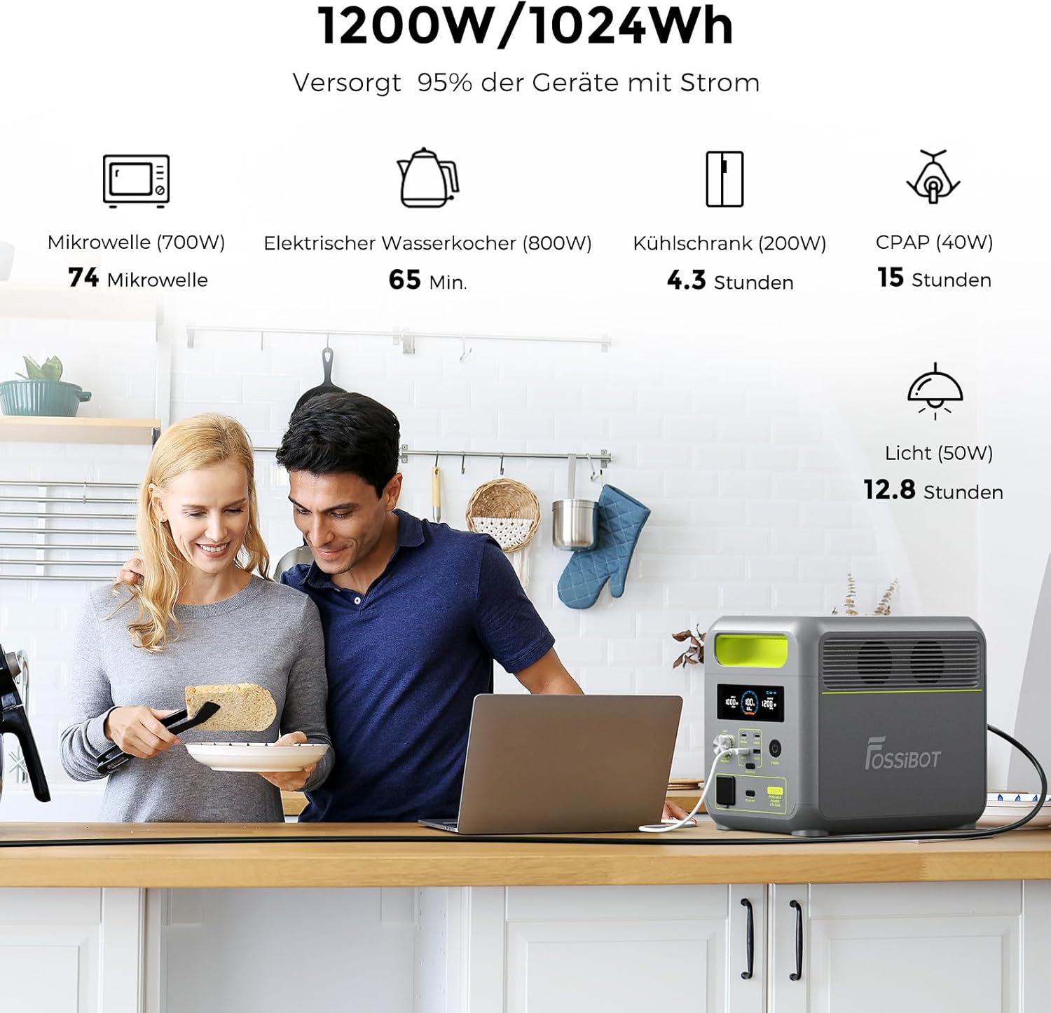 FOSSiBOT F1200 Tragbare Powerstation, Solargenerator 1024Wh LiFePO4, 1200W AC 100W USB-C, Ideal für Camping Wohnmobil Zuhause RV – Bild 2