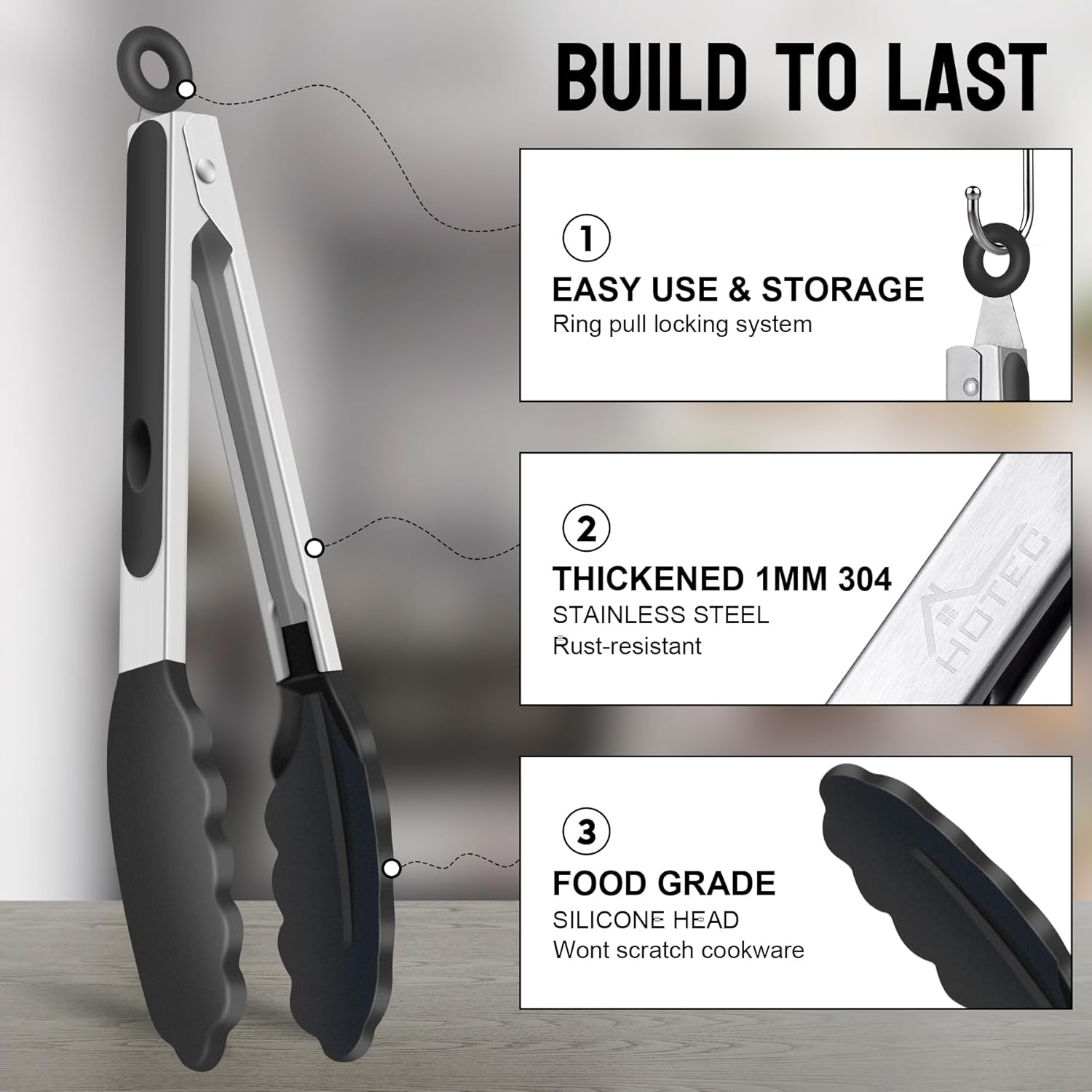 HOTEC Premium-Küchenzange aus Edelstahl, mit Verriegelung, Kochzange mit Silikonspitze, 2er-Set, 22,9 cm und 30,5 cm lange Zangen – Bild 5