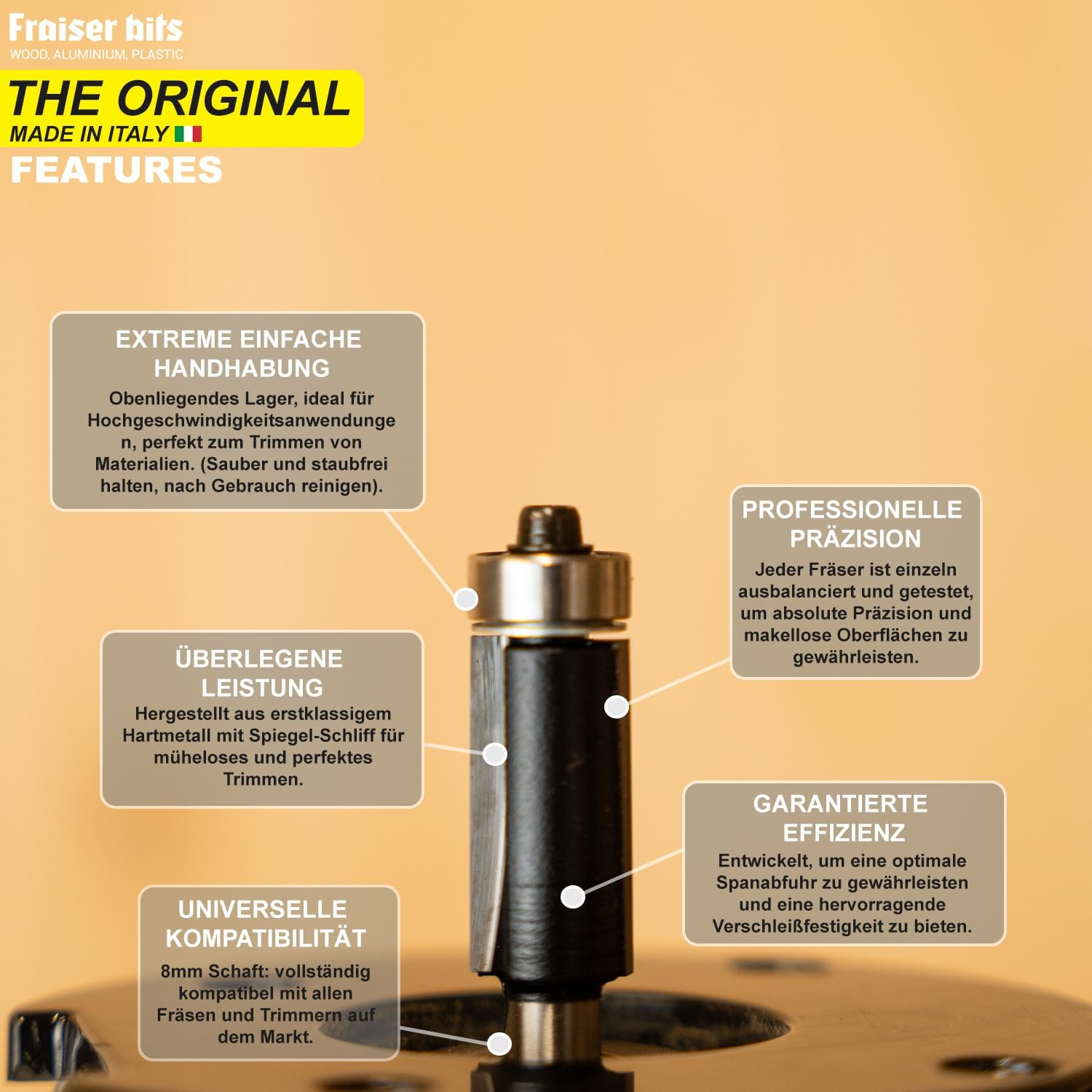 Fraiser Bündigfräser mit oberem Kugellager – 2 gerade Schneiden aus Hartmetall, Schneiddurchmesser 12,7mm, Schneidhöhe 25mm, Schaft 8mm – für Oberfräse und Kantenfräse – Bild 4