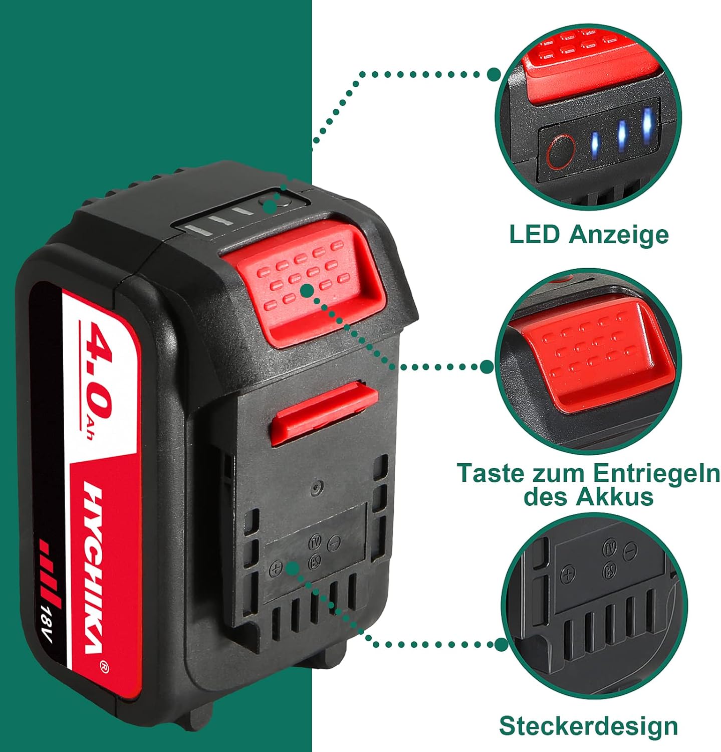 HYCHIKA Akku 4000mAh 18V, Lithium Batterie für HYCHIKA 18V Werkzeuge, Säbelsäge, Akku Schlagschrauber und Bürstenloser Akkuschrauber, NICHT für 18V Akkuschrauber DD-18BC – Bild 3