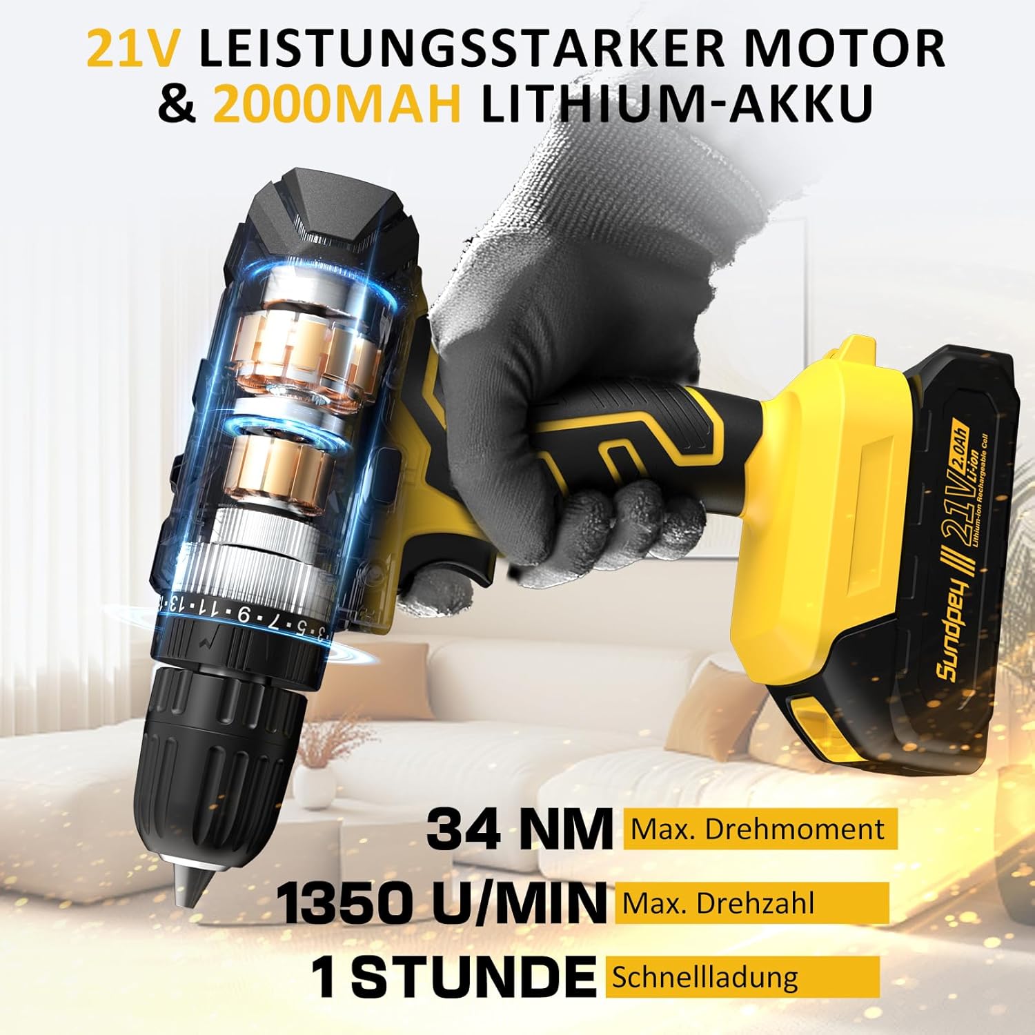 Sundpey Werkzeugkoffer Gefüllt 170tlg mit Akku Bohrschrauber Set, 21V Akkuschrauber mit 2.0 Ah Akku, Universelles Basic Heimwerkzeug im Werkzeugkasten für Haushalt, Bohrungen, Reparaturen, Heimwerker – Bild 4