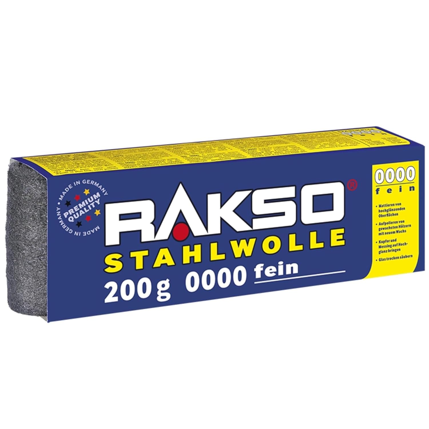 RAKSO Stahlwolle extrafein 0000-200g, 1 Banderole, poliert gewachstes Holz, Kupfer, Messing, mattiert Oberflächen, säubert Glas