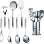Berglander Edelstahl Kochset 7 teilig mit 1 Ständer, Kochlöffel-Set aus Edelstahl, geschlitztem Tuner, Schöpfkelle, Abschäumer, Servierlöffel, Pasta Server, Kartoffel-Mäher