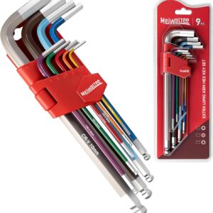 Meiwaltee 9PCS Inbuschlüssesatz, Extra langes Armkugel-Design,Metrische Größe 1.5-10MM,Cr-V Stahl, Farblich Gekennzeichnete Anti-Rutsch-Schlüssel Für Reparatur Von Fahrrad und Möbeln,DIY-Projekte.