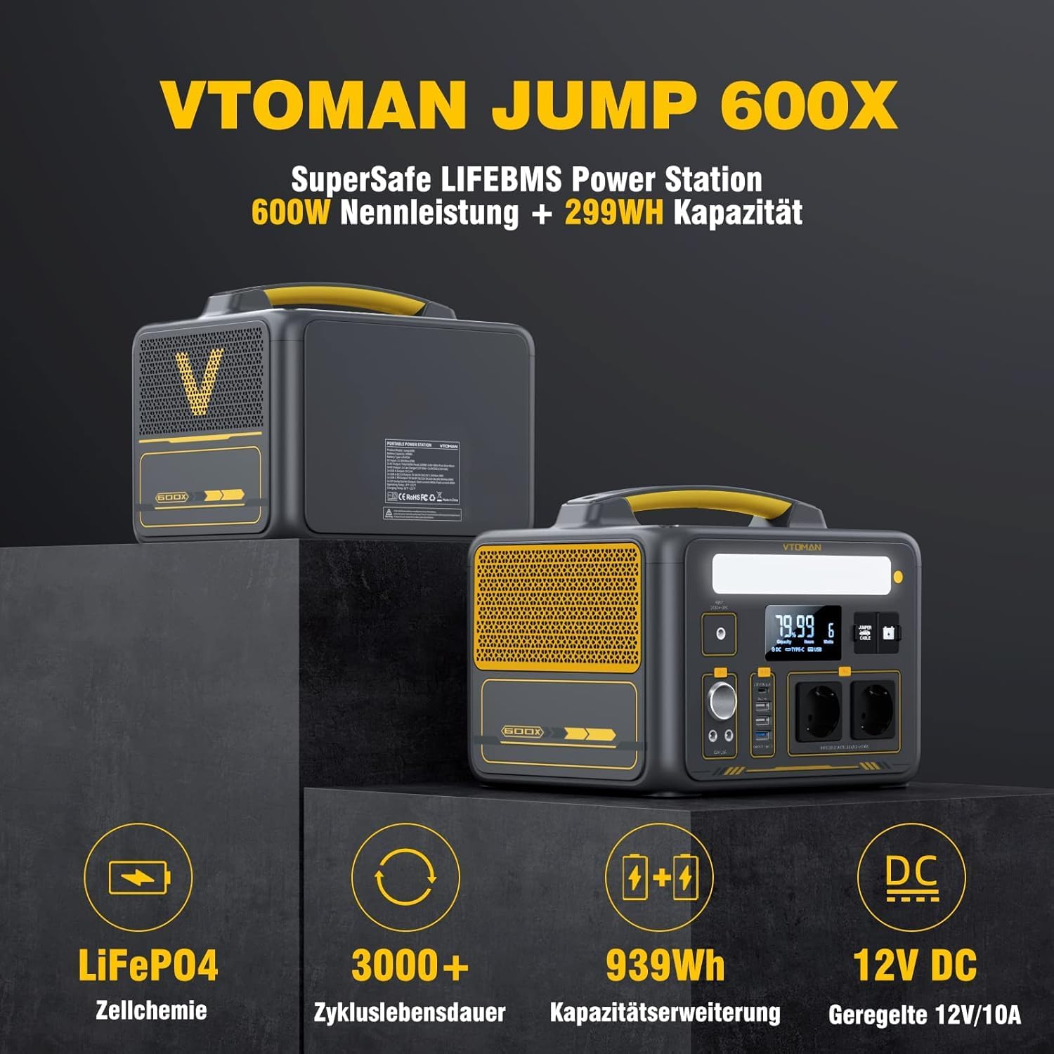 VTOMAN Jump 600X Tragbare Powerstation 600W mit Überbrückungskabel- 299Wh Solar Generator LiFePO4 Akku Stromgenerator Mobile Stromspeicher, Erweiterbare Kapazität für Camping Notfall – Bild 5