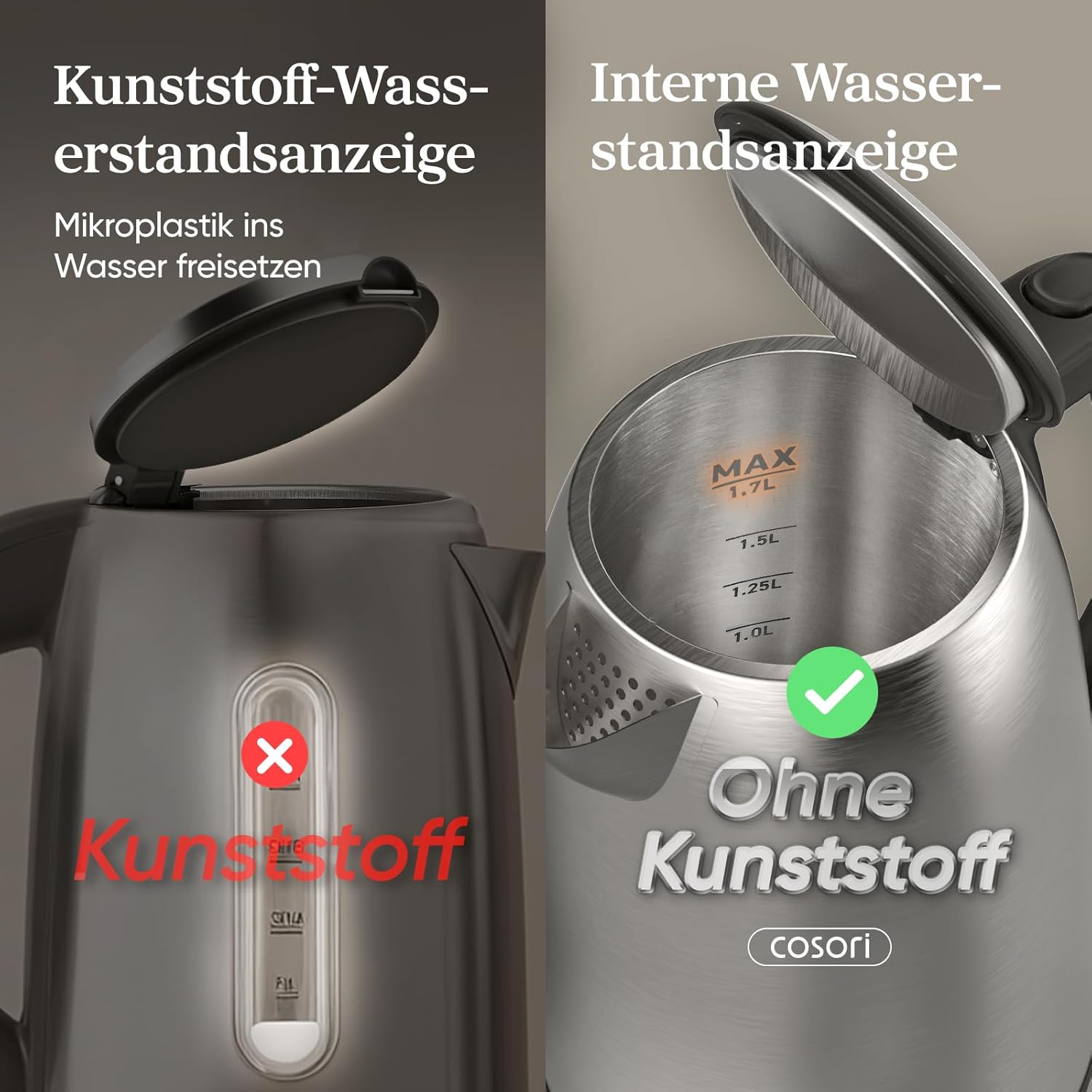 COSORI Wasserkocher Edelstahl, BPA frei, 1,7 L, Strix-Technologie, kocht in 3 Minuten, 2200W, Große Öffnung, Trockengehschutz, 360° drehbarer Sockel, Silber-schwarz 5 COSORI Wasserkocher Edelstahl, BPA frei, 1,7 L, Strix-Technologie, kocht in 3 Minuten, 2200W, Große Öffnung, Trockengehschutz, 360° drehbarer Sockel, Silber-schwarz – Bild 5
