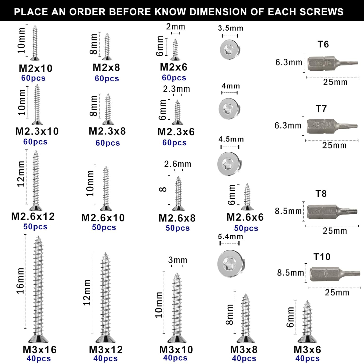 M2 M2,3 M2,6 M3 Blechschrauben Set,760 Stück Torx Selbstschneidende Schrauben,Holzbauschrauben Edelstahl Senkkopf-Torx-Selbstbohrschrauben,Kleine Schrauben Sortiment mit T6 T7 T8 T10 Bits. – Bild 3