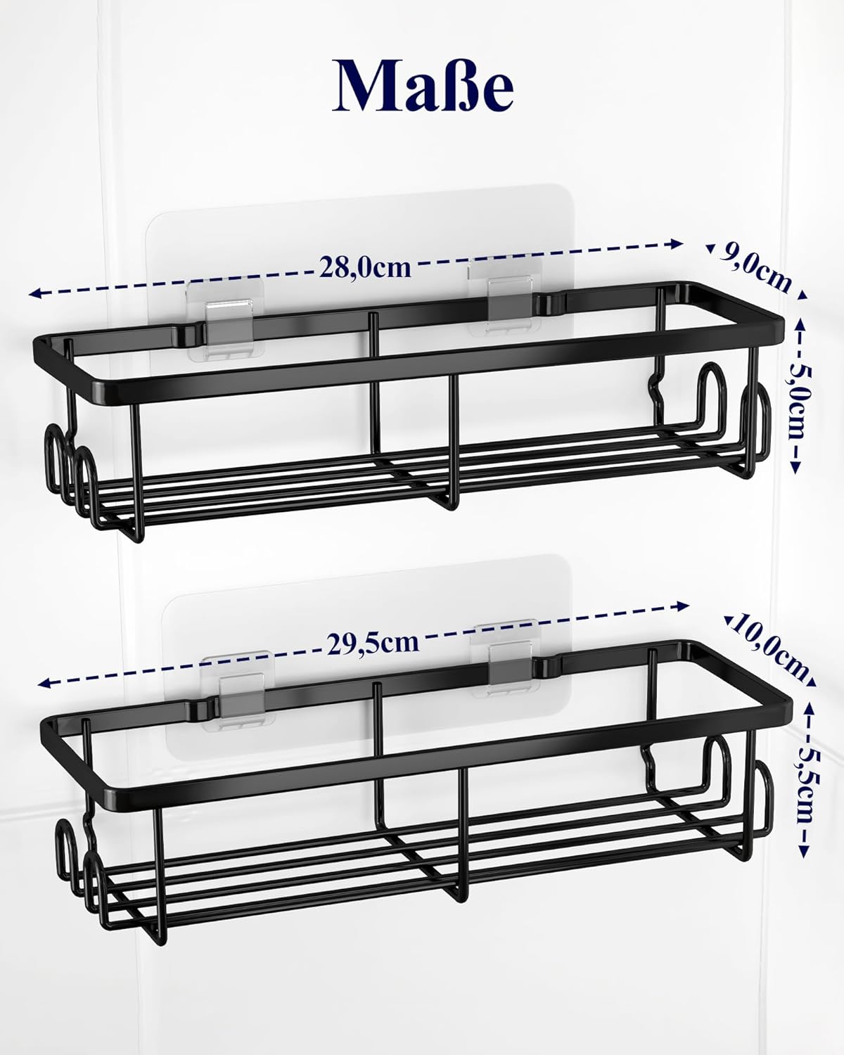 Kitsure Duschablage ohne Bohren - 2 Stück rostfreie Badezimmer Organizer, schnell trocknende Badregal, mit großer Kapazität, langlebige Shampoo Halterung für Dusche aus Edelstahl, Large, Schwarz – Bild 2