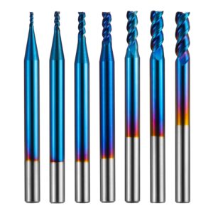 Genmitsu 7 Stücke 3 Flute Schaftfräser für Aluminium, Nano Blue Beschichtung CNC-Fräser-Bits, hohe Vorschubung, U-Typ-Design, zum Schruppen und Finishing, 4 mm Schaft, SN07A