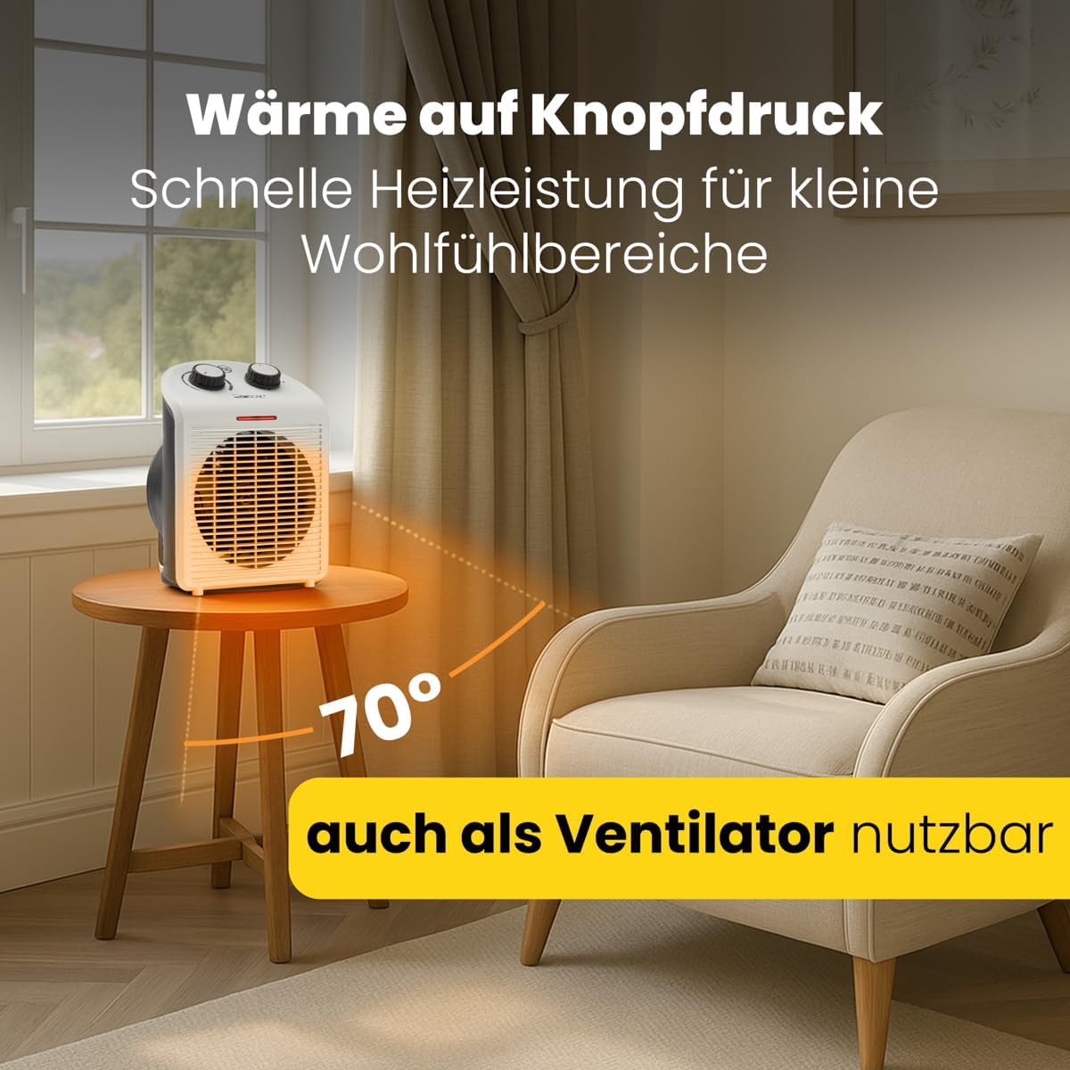 Clatronic Heizlüfter HL 3761, mobiler & kompakter Heizlüfter, 2 Heizstufen (1000/2000 W), Kaltstufe (Ventilator), stabiler Tragegriff, Grau-weiß, 263951 – Bild 5