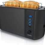 Arendo - Edelstahl Toaster Langschlitz 4 Scheiben - Defrost Funktion - wärmeisolierendes Gehäuse - mit integriertem Brötchenaufsatz - Krümelschublade - Display mit Restzeitanzeige - Schwarz Matt