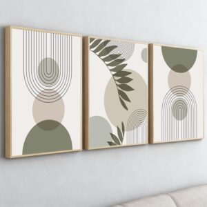 PWAAHDC Wandbilder Wohnzimmer Modern – 3er Set Leinwandbilder mit Rahmen 40x60cm – Große Abstrakte Boho Bilder in Grün – Gerahmte Kunstdrucke für Schlafzimmer & Wohnzimmer Deko