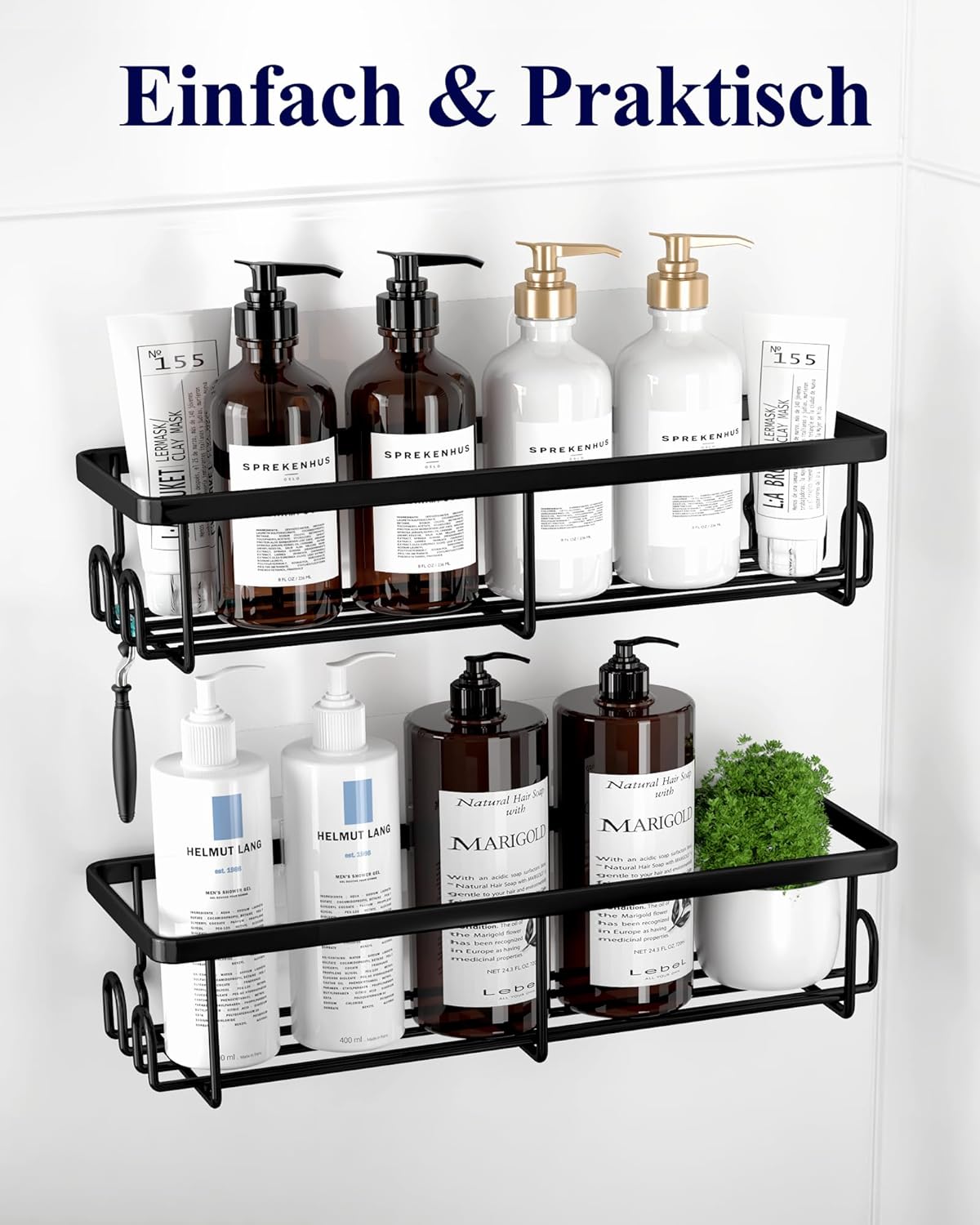 Kitsure Duschablage ohne Bohren - 2 Stück rostfreie Badezimmer Organizer, schnell trocknende Badregal, mit großer Kapazität, langlebige Shampoo Halterung für Dusche aus Edelstahl, Large, Schwarz – Bild 5