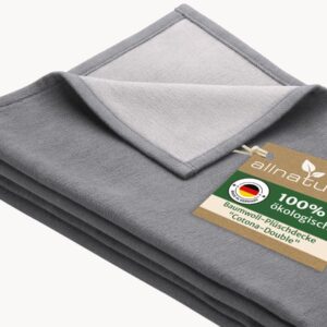 allnatura große flauschige Baumwoll-Plüschdecke Cotona-Double 140x200 cm in Grau, Made in Germany - nachhaltige Sofadecke 100 % Bio-Baumwolle - waschmaschinenfeste Wohndecke Couchdecke