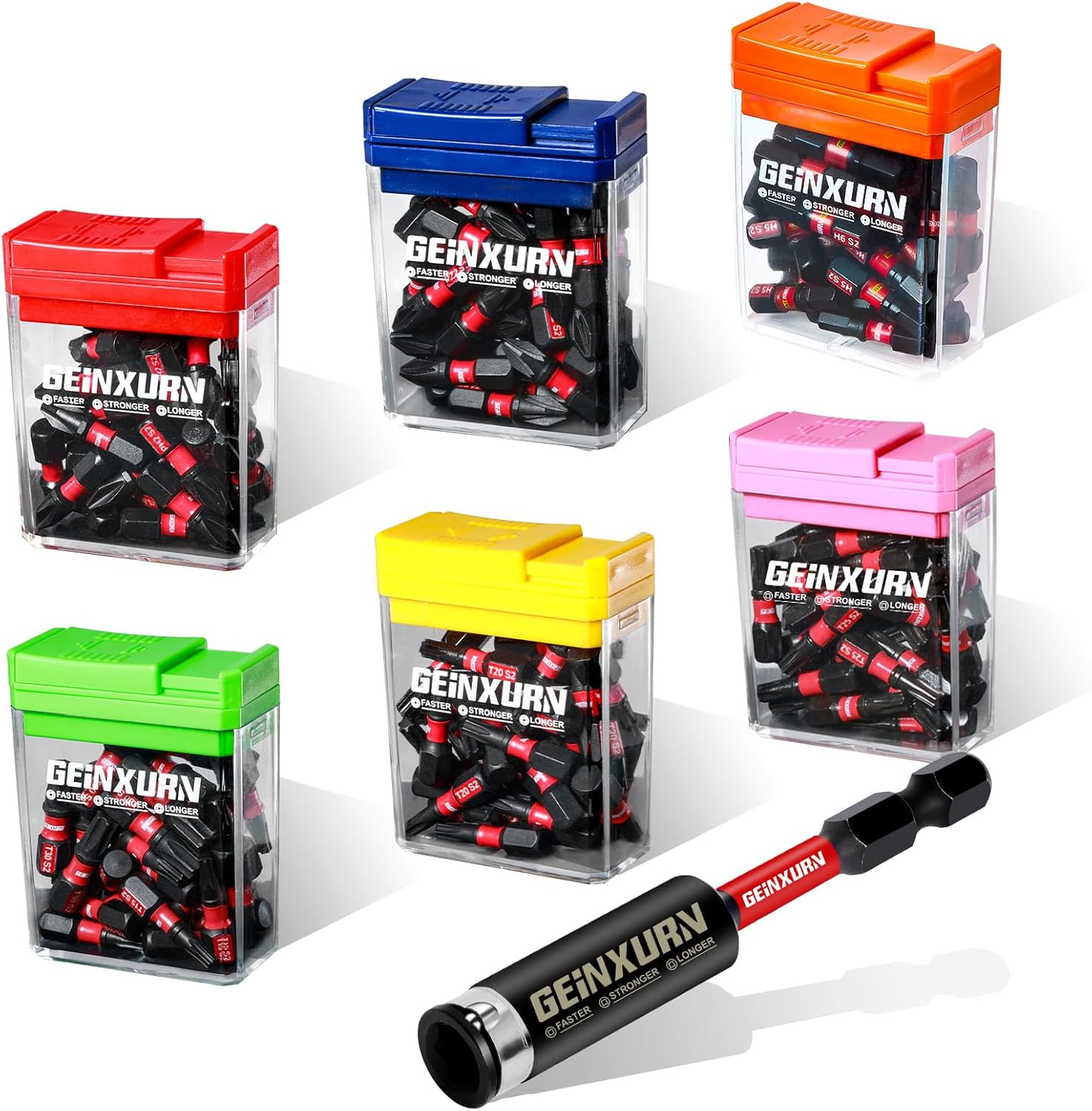 Geinxurn Schlagfeste Schraubendreher Bits Set, 180 Stücke 25mm Magnetisch (PH2/PZ2/T10/T15/T20/T25/T30/Hex) S2 Stahl Multi Treiber Bits mit Lagerung bunte Box