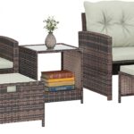 Outsunny Rattan Gartenmöbel Set 5-teiliges Balkonmöbel Set mit 2 Stühle Kissen Hocker Tisch Staufach, Gartenlounge Terrassenmöbel Gartengarnitur Sitzgruppe für Garten, Balkon, Terrasse Cremeweiß