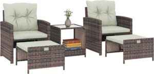 Outsunny Rattan Gartenmöbel Set 5-teiliges Balkonmöbel Set mit 2 Stühle Kissen Hocker Tisch Staufach, Gartenlounge Terrassenmöbel Gartengarnitur Sitzgruppe für Garten, Balkon, Terrasse Cremeweiß