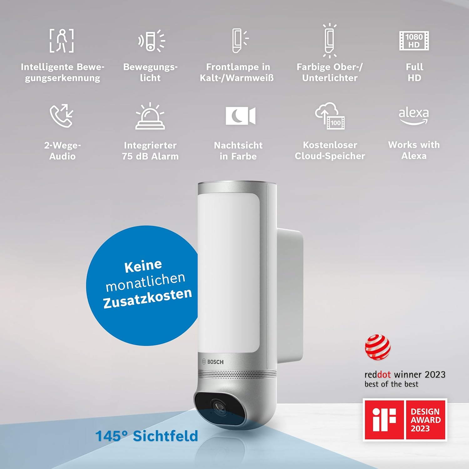 Bosch Smart Home Außenkamera II, Überwachungskamera Außen, 1080p Full-HD Auflösung mit integrierter Alarmsirene und Design-Leuchte, kompatibel mit Amazon Alexa, Silber – Bild 2