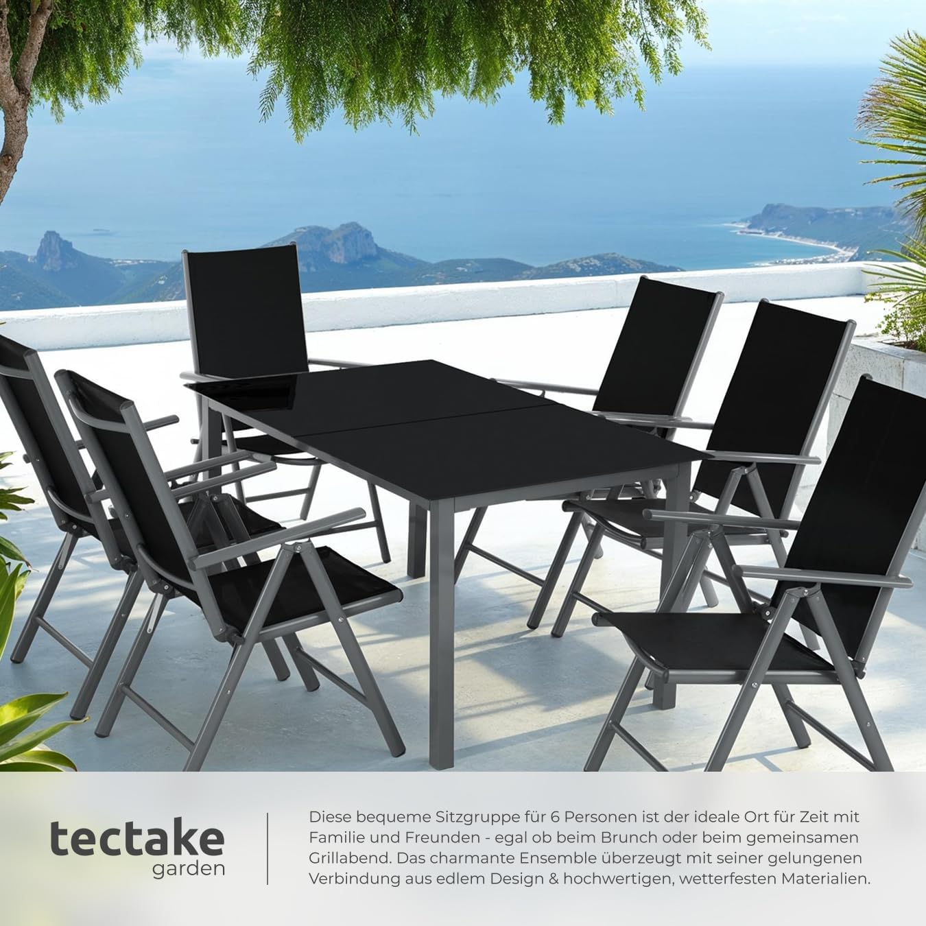 tectake® Sitzgarnitur Aluminium Klappstühle, Lounge Set mit 6X Stühle und 1x Glastisch Esstisch, Gartenmöbel Set wetterfest für den Balkon, Gartenstühle, Terrassenmöbel, Liegestuhl - anthrazit – Bild 4