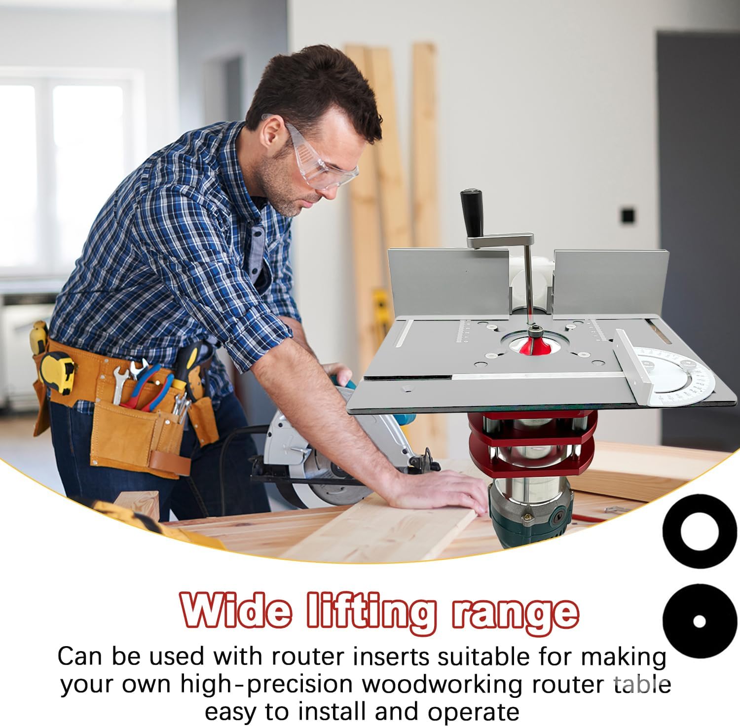 Frästisch für Oberfräse Einlegeplatte Set, OberfräSentisch und Tischfräsmaschine, Router Table, Planfräsvorrichtung, Maximum Lift 51mm, TischfräSe zum Nuten Zapfenschneiden BesäUmen(Silber+Rot) – Bild 3