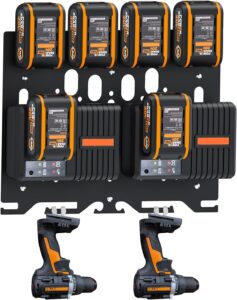 Upgrade 3-in-1 Wandhalterung für Worx Ladegerät, Akkus und Akku-Bohrmaschine - Metall-Akkuhalter für 4 Stück 20-V-Akkus, 2 WA3867/WA3880 Ladegeräte, 1 WA3883 Doppelladegerät