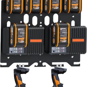 Upgrade 3-in-1 Wandhalterung für Worx Ladegerät, Akkus und Akku-Bohrmaschine - Metall-Akkuhalter für 4 Stück 20-V-Akkus, 2 WA3867/WA3880 Ladegeräte, 1 WA3883 Doppelladegerät