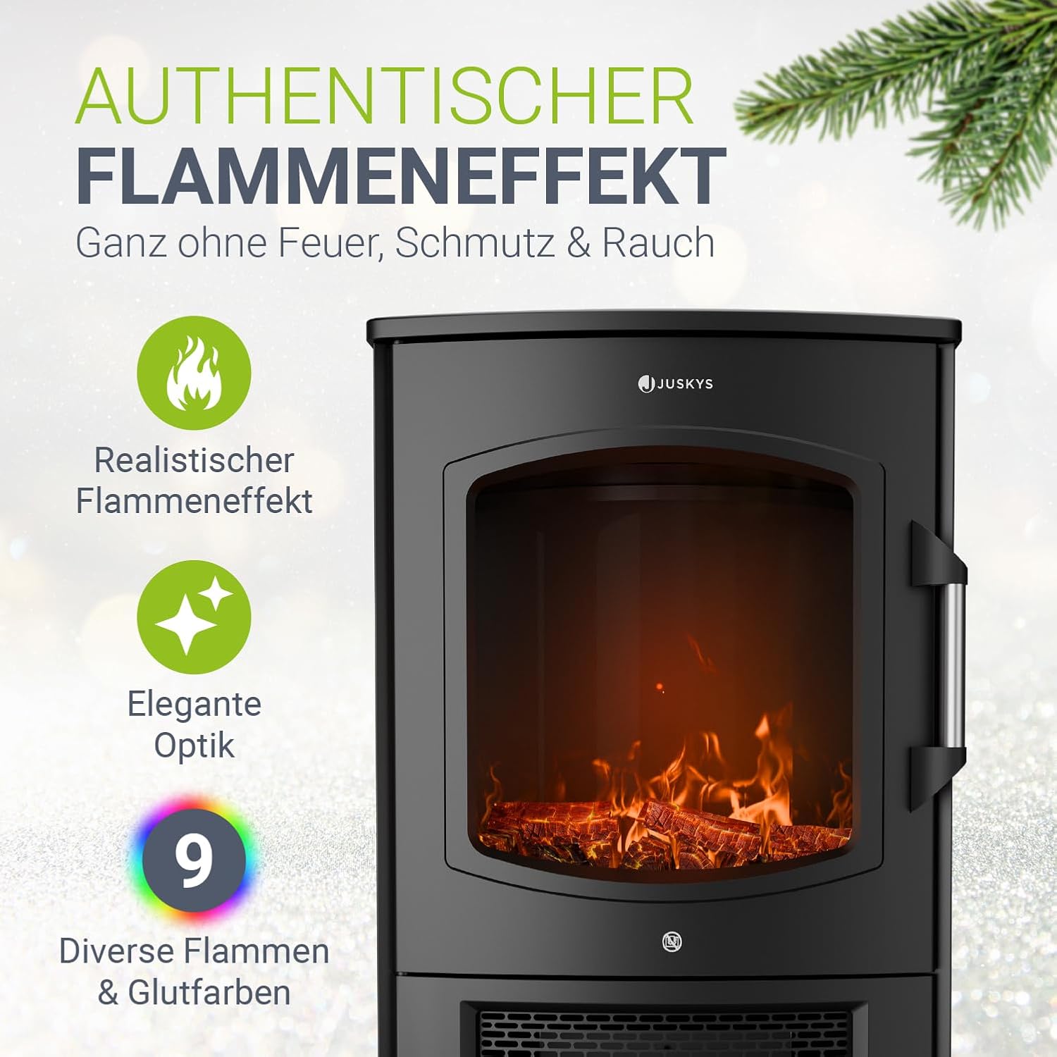 Juskys Elektrokamin 1800W – Schwarz, elektrischer Standkamin mit LED-Flammeneffekt, WLAN/App-Steuerung, Fernbedienung – Bild 4