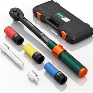 Drehmomentschlüssel 1/2'', 20-220Nm, Auto Drehmomentschlüssel Set 6-tlg. mit Stecknüsse 17mm/19mm/21mm, 125mm Verlängerungsstange, 1/2"-3/8" Adapter, für Reifenwechsel Auto und Motorrad