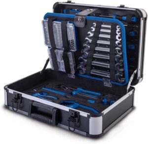 Scheppach TB225 Aluminium Werkzeugkoffer gefüllt 235-tlg Werkzeug Set | Werkstattkoffer bestückt mit Schraubenschlüssel, Hammer, Zange, Schraubenzieher, Werkzeugkiste für Werkstatt und Haushalt