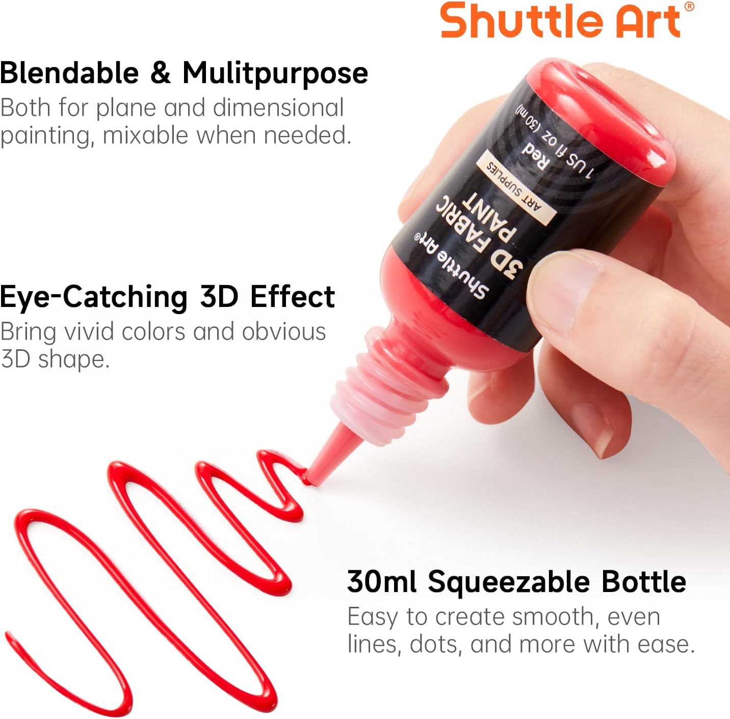 Shuttle Art 3D Textilfarbe waschmaschinenfest, 24 Stoffmalfarben waschfest mit Pinseln, Vorlagen, 3D Textilfarben mit Metallic-, Neon- und Glitzerfarben, Stofffarben waschfest Kinder für Tshirt, Jeans – Bild 3