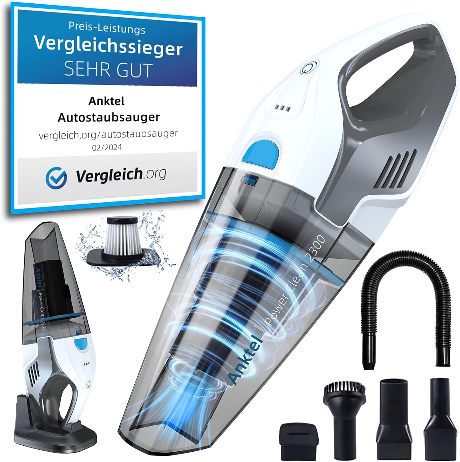 Handstaubsauger Testsieger mit Ladestation -PowerClean2300- Handstaubsauger Akku Kabellos Nass&Trocken mit Waschbar HEPA-Filter Handsauger Beutellos Staubsauger Ersatzfilter
