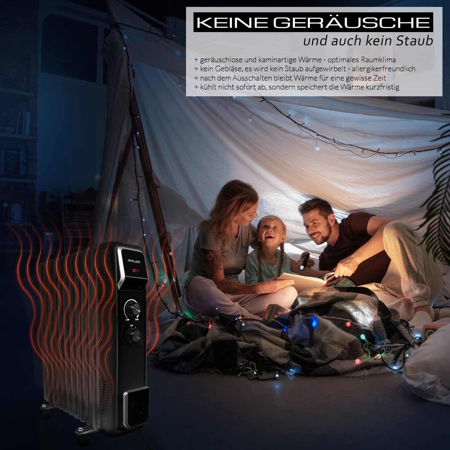 Ölradiator 2500 Watt mit 3 Heizstufen | Thermostat | 11 Rippen elektro Heizkörper | Öl Radiator energiesparend | Überhitzungsschutz | elektrische Heizung | ECO Mode | 1000 1500 (schwarz) – Bild 3