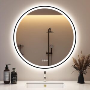 STARLEAD Badspiegel-Rund-mit-Beleuchtung 80cm Diameter, LED-Spiegel-Rund mit Bluetooth, Dimmbar, 3 Lichtfarben, Entfogging, Memory of Light, IP44 HD Hartglas Schwarz Badezimmerspiegel