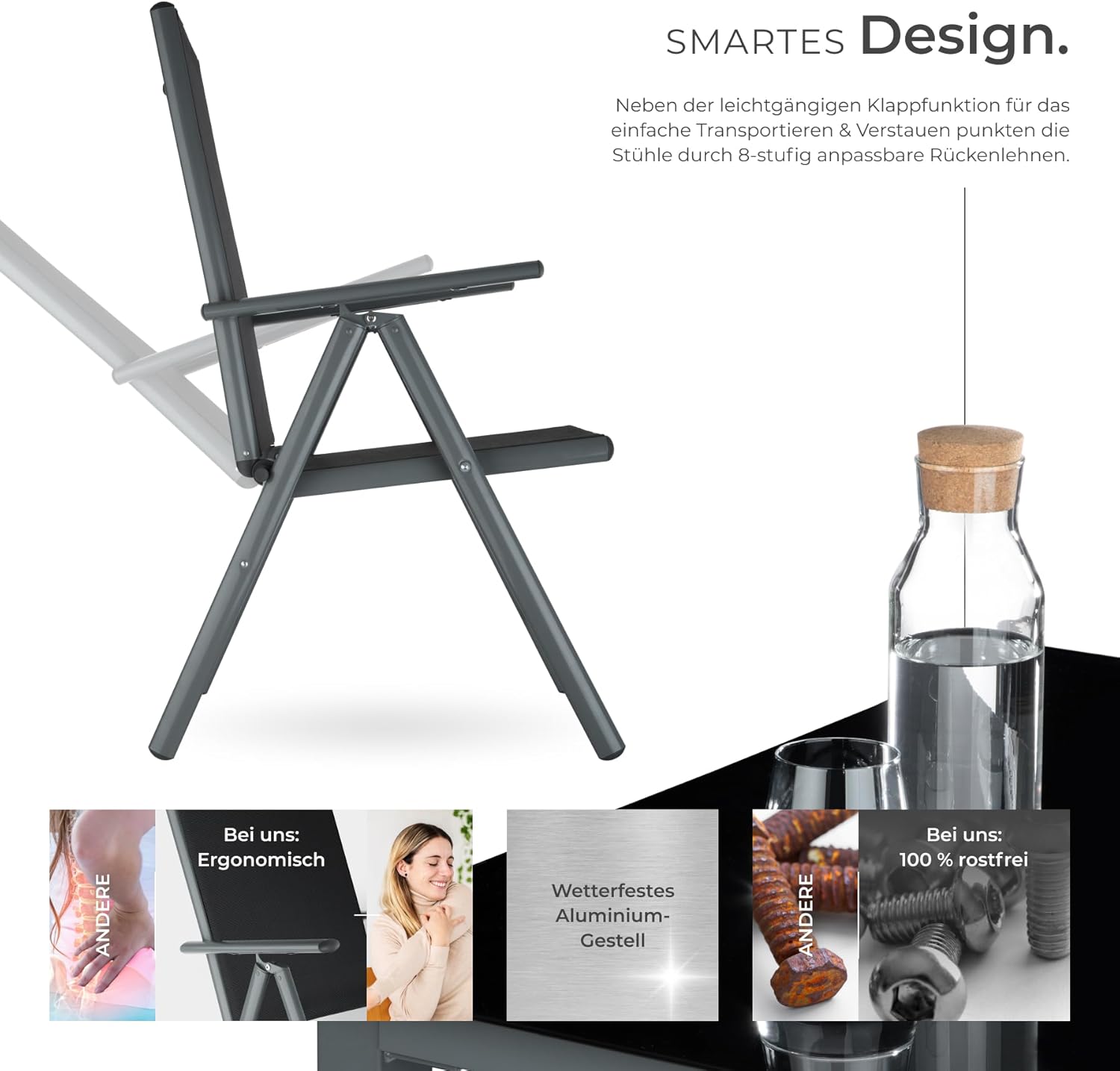 tectake® Aluminium Sitzgruppe 8+1, Gartenmöbel Set mit Stuhl und Tisch, klappbare Gartenstühle, Gartentisch mit Sicherheitsglas, wetterfeste Terrassenmöbel, für Garten Terrasse Balkon - anthrazit – Bild 3