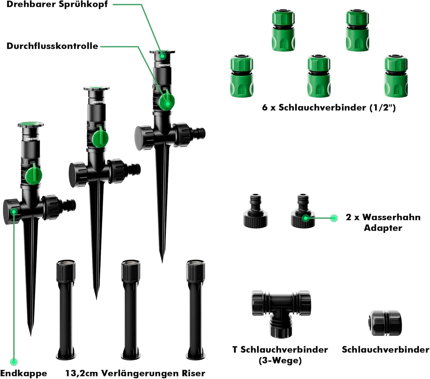 RESTMO Gartensprenger, Rasensprenger mit Erdspieß, 360°Verstellbarer Rasensprenger zur Gartenbewässerung, Gartensprinkler mit Schnellverbinder,Grün(Ohne Bewässerungsschlauch) – Bild 4