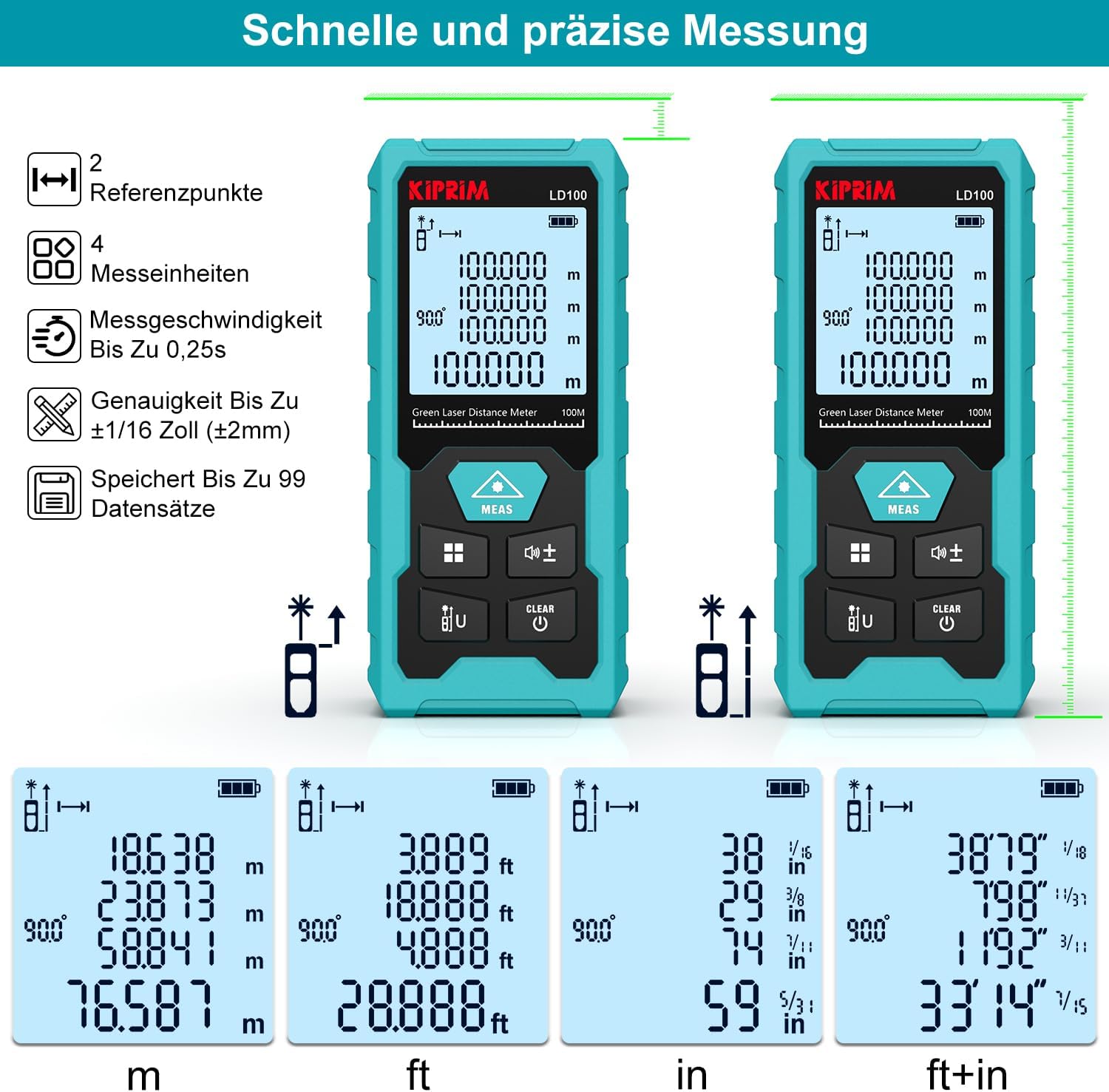 Kiprim Laser-Entfernungsmesser Grün, 100 m Digitales Messgerät mit USB-Typ-C-Akku, ±2 mm Genauigkeit, Elektronische Libelle, 10 Messmodi, Klasse II Laser, Reflektorplatte, LD100 – Bild 5