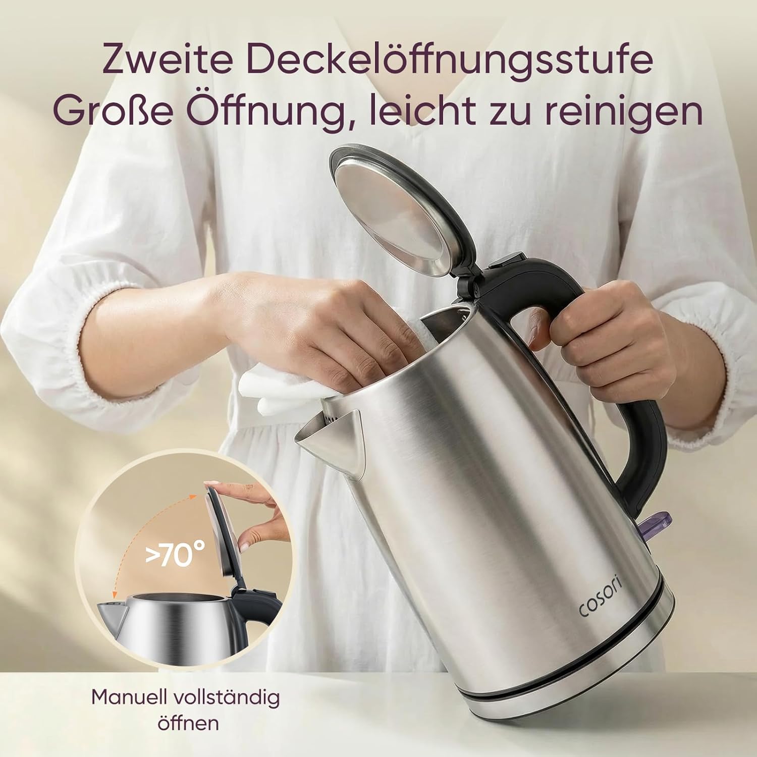 COSORI Wasserkocher Edelstahl, BPA frei, 1,7 L, Strix-Technologie, kocht in 3 Minuten, 2200W, Große Öffnung, Trockengehschutz, 360° drehbarer Sockel, Silber-schwarz 3 COSORI Wasserkocher Edelstahl, BPA frei, 1,7 L, Strix-Technologie, kocht in 3 Minuten, 2200W, Große Öffnung, Trockengehschutz, 360° drehbarer Sockel, Silber-schwarz – Bild 3