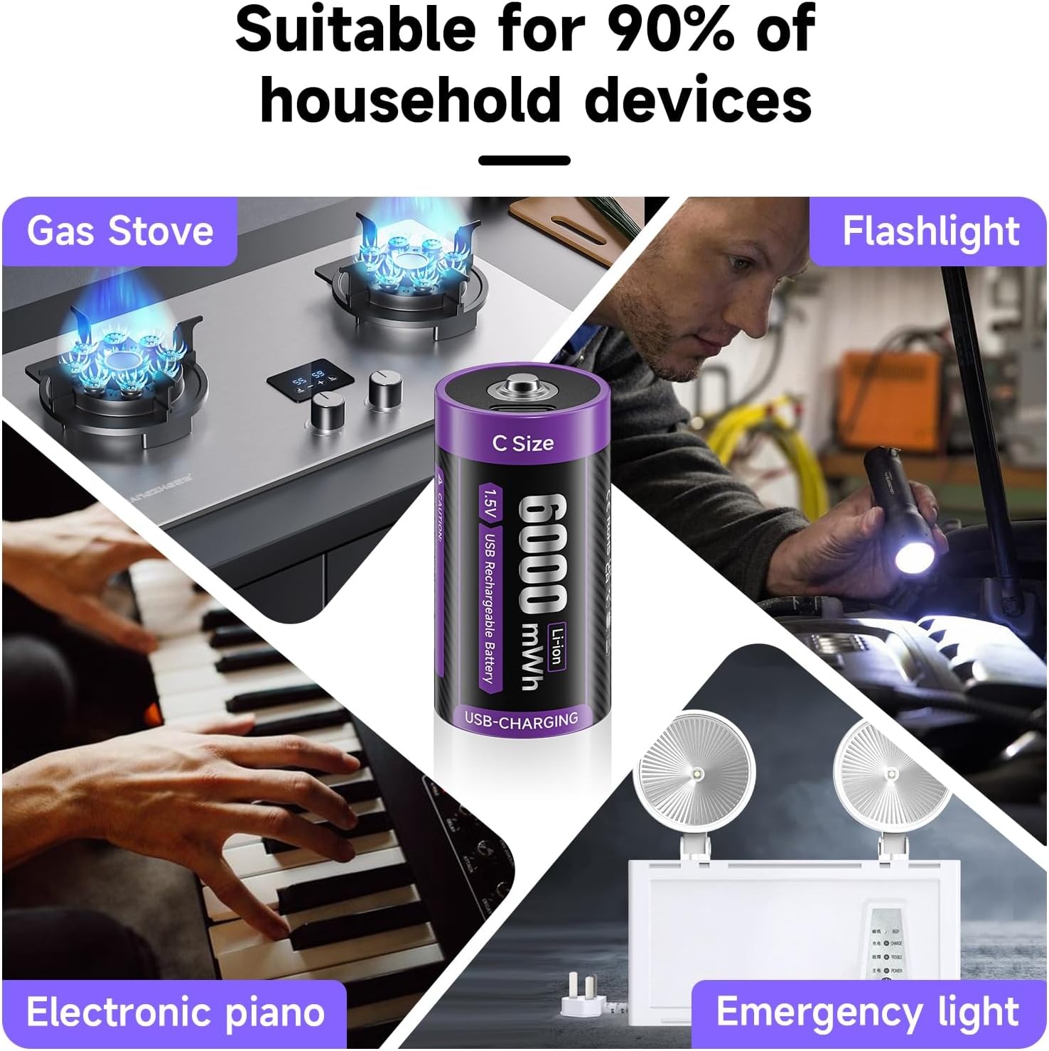USB-C Baby C Akku Wiederaufladbar LR14 Akku 1,5V 6000mWh Lithium Schnellladung Typ-C mit Ladekabel, Geringe Selbstentladung, 1500+ Zyklus, mit Ladelicht, 4 Stück C Batterien – Bild 5