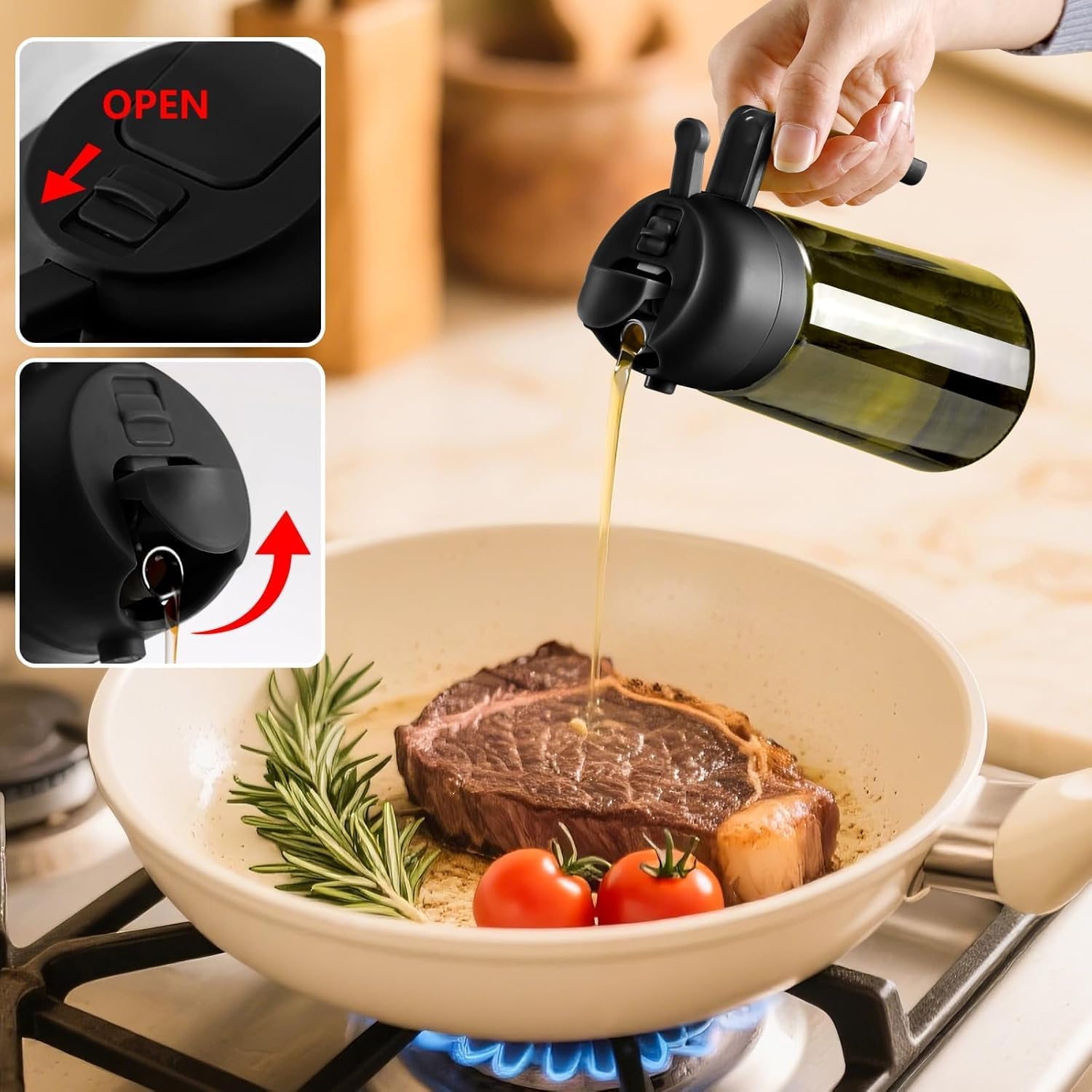 Olivenölspender und Ölsprüher – 470 ml Glas, lichtdichter Ölausgießer für Küche, Luftfritteuse, Kochen, Salat und BBQ – Bild 4