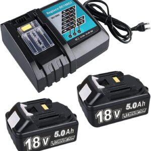 2X 18V 5,0Ah Ersatzakku für Makita + 4A DC18RC Ladegerät Kompatibel mit Makita 14.4V-18V BL1830 BL1850 BL1840 BL1860 BL1820 etc Werkzeugakku und DC18RC DC18RD DC18SF DC18RA DC18RF Ladegerät