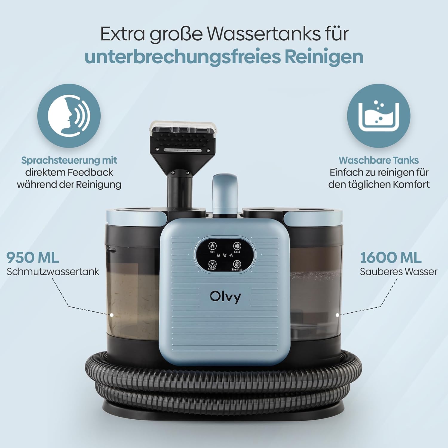 Olvy Teppichreiniger PRO – Nasssauger Polsterreiniger mit Dampf – 100°C Steam Cleaner – Sofa Reiniger Gerät – Polster Sauger Nass – inkl. Reinigungsmittel – 1650W – Matratzenreiniger – Bild 3