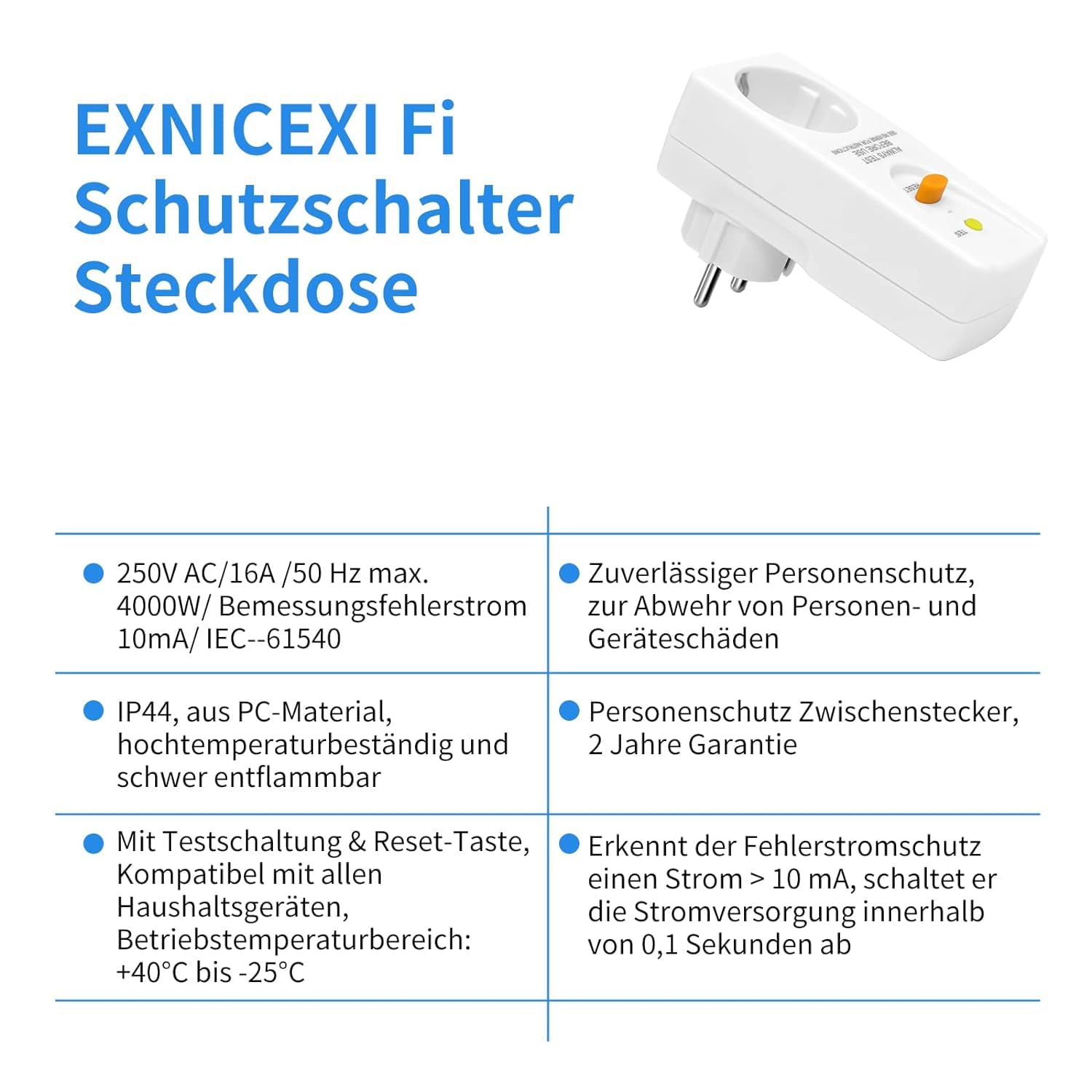 Fi Schutzschalter Steckdose,Personenschutzstecker Anti-Leckagen und Elektro-Schock, 10mA-Schutzkontakt 230 V,16A Schutzschalter Stecker, passend für Haushalt Geräte, Werkzeuge, außen – Bild 3