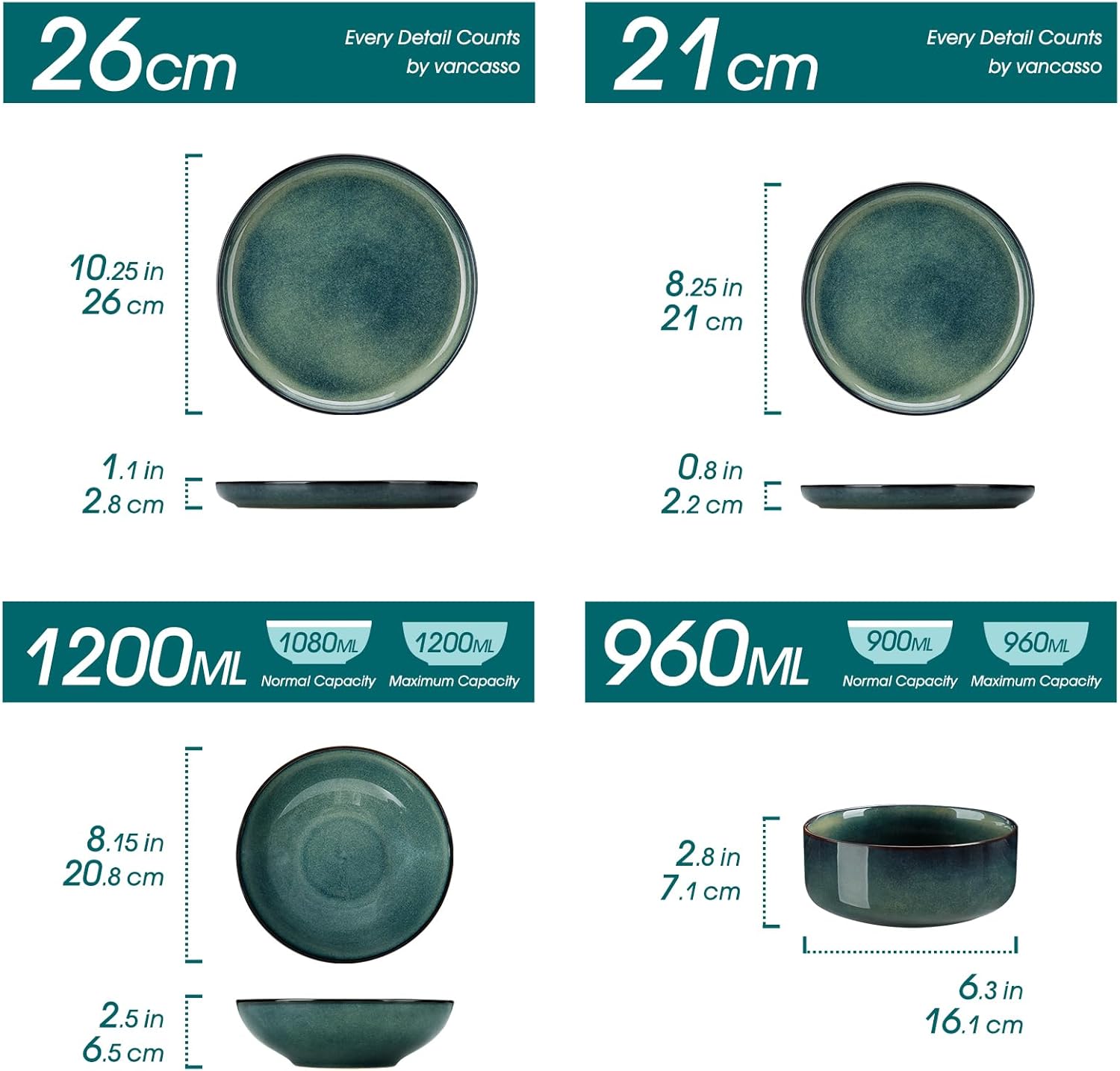 Geschirrset 6 Personen modern, vancasso STARRY 24-teiliges Steingut Geschirr Set, Kombiservice Set Grün, Tafelservice 6 Personen, Inklusive Speiseteller, Dessertteller, Suppenteller und Müslischalen – Bild 3