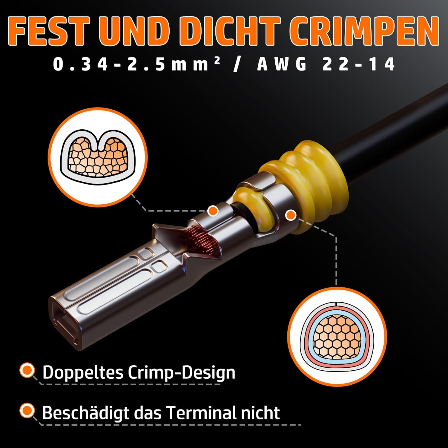 PEBA Crimpzange Wasserdicht Kfz Stecker Set, Crimpzangen 0.34-2.5mm², 1/2/3/4/5/6 Polig Steckverbinder für Auto und Motorrad,Boot, mit Abisolierzange, Abziehwerkzeug – Bild 3