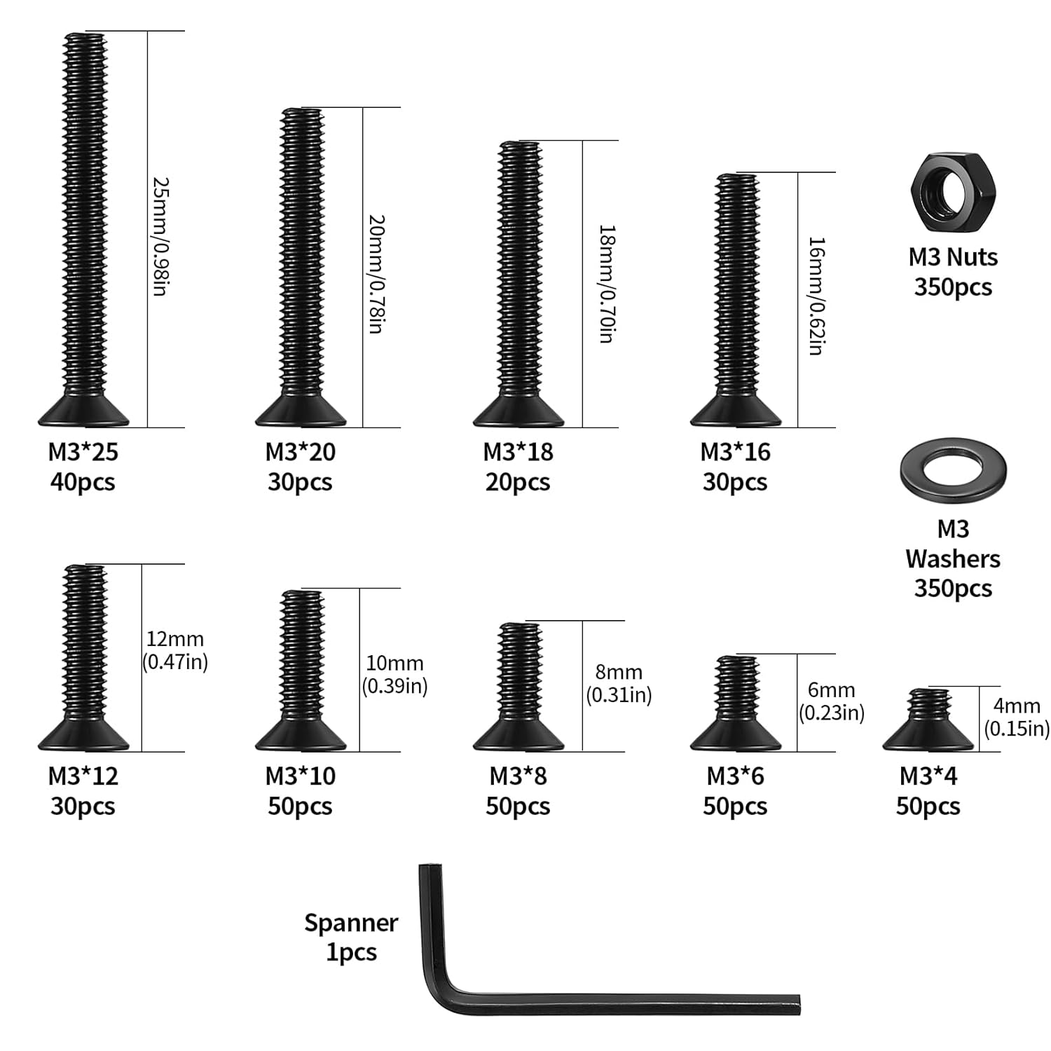 1051 Stück M3 Schrauben Set, M3 Senkkopfschrauben Set, Flachkopf Innensechskantschrauben Muttern Set, Maschinenschrauben mit Muttern und Unterlegscheiben Set Schwarz, Gewindeschrauben und Muttern Set – Bild 2